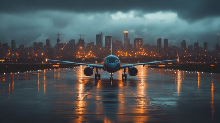 Naklejka premium Airplane on Wet Runway at Dusk