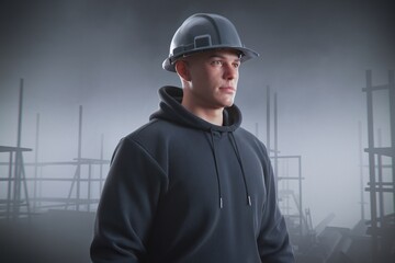 Obraz premium Construction Worker in Foggy Setting: A portrait of a focused construction worker, wearing a hoodie and hard hat, standing amidst the hazy silhouette of a construction site.