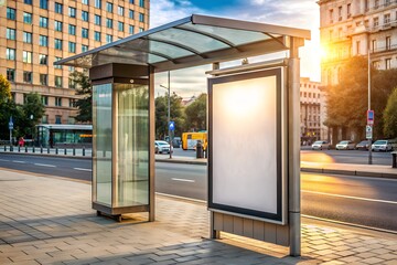 Fototapeta premium Bus station billboard with blank copy space screen for your advertising text message or promotional content, empty mock up Lightbox for information, stop shelter clear poster in urban city scene