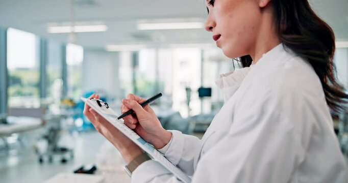 Japanese woman, doctor and writing with clipboard, notes and report with paperwork at hospital. Person, medic and checklist with thinking, feedback or admin for healthcare services at wellness clinic