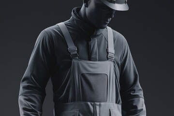 Workwear: Industrial Strength,  a grayscale close-up of a man wearing a durable work uniform with a hard hat, showcasing the ruggedness and practicality of professional workwear. 
