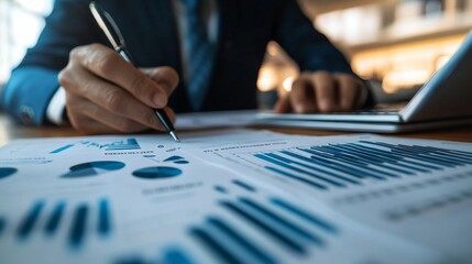 Professional Working Environment Focused on Financial Analysis with Data Charts and Graphs along with a Laptop, Capturing Modern Business Strategy and Management Insights