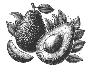whole avocado and a halved avocado with seed, ideal for food and botanical themes sketch engraving generative ai raster illustration. Scratch board imitation. Black and white image.