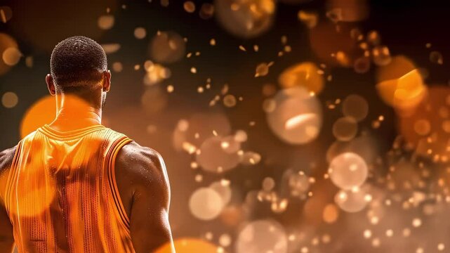 A person in a sports jersey stands with their back to the viewer, surrounded by a blurred, glowing, colorful background.