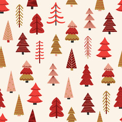 Obraz premium Christmas tree seamless texture in cartoon style. Wallpaper and wrapping paper design. Vector illustration