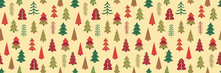 Christmas tree seamless texture in cartoon style. Wallpaper and wrapping paper design. Vector illustration