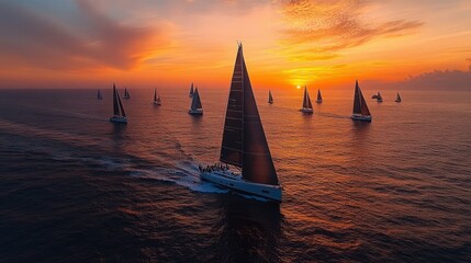 Yachts glide across calm waters during a stunning sunset, all equipped with satellite internet for seamless connectivity and enjoyment.