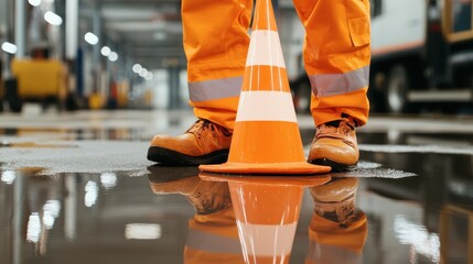 Accident scene in industrial hallway worker on wet ground near caution cone reflective lighting and puddles capturing safety violation theme