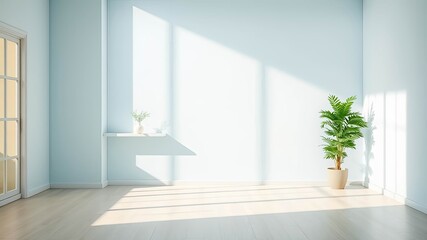 Empty Room Interior Design with Light Streaming Through Window, Minimalist Decor Featuring a Potted Plant and Simple White Shelf