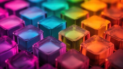 Obraz premium A vibrant close-up of colorful hexagonal shapes arranged in a pattern, showcasing an array of bright hues from pink to orange.