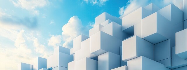 Fototapeta premium A modern abstract representation of white cubes against a bright blue sky with fluffy clouds, suggesting depth and creativity.
