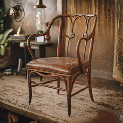 Brown chair with leather upholstery sits on a wooden table