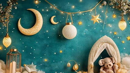 A cozy, whimsical nursery scene with stars, moons, and a teddy bear in a tent. - Powered by Adobe