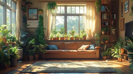 Fototapeta premium Cozy Sunlit Plant-Filled Living Room