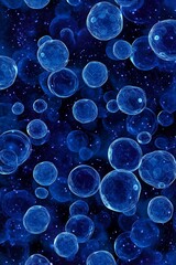Abstract Background of Blue Bubbles Floating in Dark Space with Stars and Microbial Patterns, Representing Microorganisms or Cells in a Vivid Artistic Style