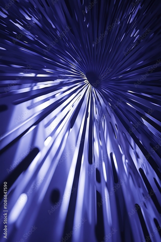 Poster abstract blue radial pattern emerging from a dark center, dynamic lines creating a sense of motion a