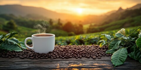 A serene morning scene featuring a cup of coffee on a wooden table surrounded by coffee beans and lush greenery, with a beautiful sunrise in the background.