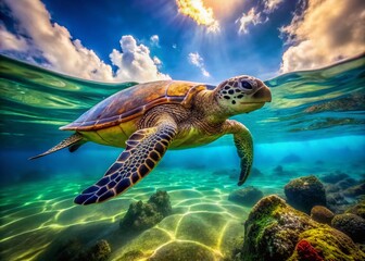 Fototapeta premium Long Exposure of a Hawaiian Green Sea Turtle Gracefully Swimming Through the Crystal Clear Warm Waters of the Pacific Ocean in Hawaii's Vibrant Marine Environment
