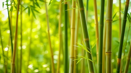 A close-up of bamboo stalks, with a vibrant green hue and a blurred background, highlighting the natural textures and patterns of this resilient plant.