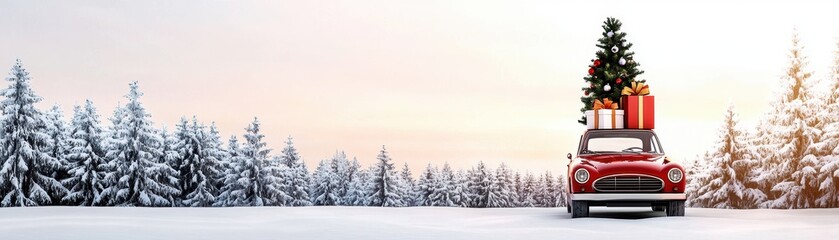 Red vintage car in snowy landscape with Christmas tree and presents on top warm nostalgic holiday theme with subtle pastel backdrop