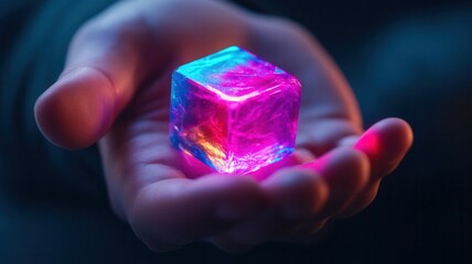 A glowing, colorful ice cube is held in a hand, showcasing vibrant hues of pink and blue against a dark background.