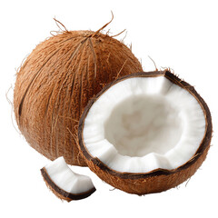 Fresh coconut with brown shell and white flesh, perfect for tropical dishes.