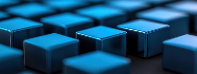 Obraz premium A close-up view of numerous blue cubes arranged in a grid pattern, showcasing their glossy surfaces and geometric symmetry.