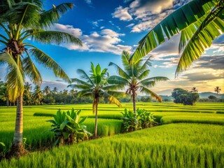 Fototapeta premium Lush Green Banana Trees Surrounded by Expansive Rice Fields Under a Clear Blue Sky Capturing the Essence of Tropical Agriculture in a Candid Photography Style