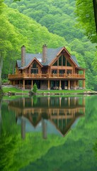 Fototapeta premium Lakeside Cabin Retreat Log Home with Tranquil Water Reflection and Lush Forest Surroundings.
