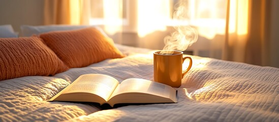 a book splayed open on a neatly made bed with a steaming mug of coffee warm light casting a golden hue