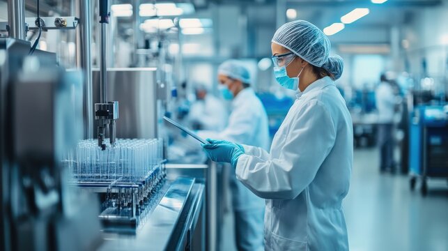 Female Technician Inspecting Pharmaceutical Production Line with Digital Tablet