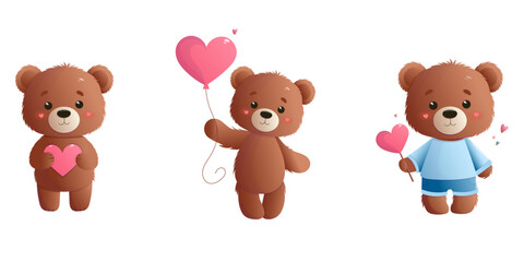 Set with cartoon teddy bears and heart on a white background isolated. Vector illustration for Valentine's Day.