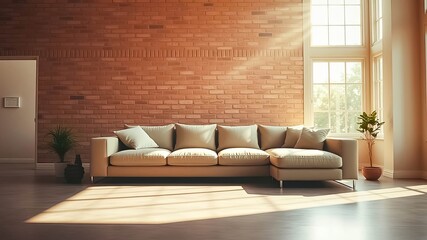 Sunlight streams through large windows illuminating a modern living room with a spacious sectional sofa, potted plants, and a brick wall accent.