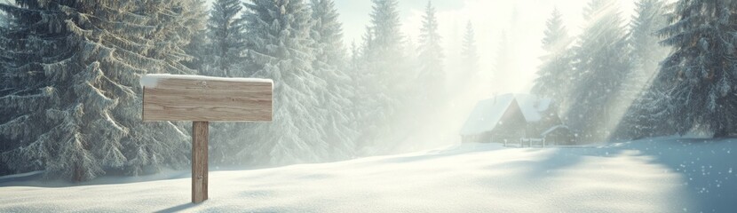 Naklejka premium Winter Wonderland Landscape with Empty Wooden Sign