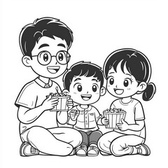 A family enjoying movie night at home, coloring page for kids, simple outline illustration. Coloring book, simple lines.