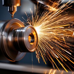 Obraz premium Detailed shot of metalworking grinding tool producing bright sparks in dim workshop scene precision and intensity of industrial processes