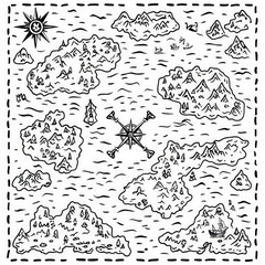 Obraz premium A pirate-themed treasure map with X marks the spot, coloring page for kids, simple outline illustration. Coloring book, simple lines.