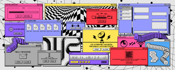 Retro desktop pc interface windows. Vintage colorful digital icons, retro cartoon computer screen, system notifications, applications and folders. Vector set