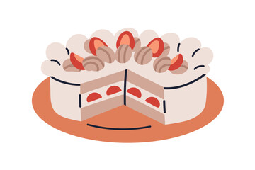 Cake with slice cut out. Sweet dessert with whipped cream and strawberry decoration. Delicious confectionery with creamy and berry filling. Flat vector illustration isolated on white background