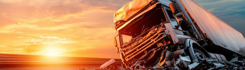 Heavily damaged semitruck on highway surrounded by debris twilight lighting and blurred vehicles creating a dramatic postaccident atmosphere