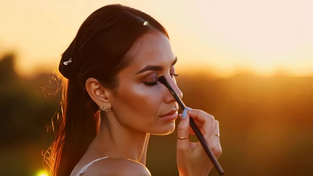 Camera movement and slow zoom out with warm sunset glow establishing model with sleek ponytail applying highlighter, brush sweeping across cheekbones creating a radiant glow