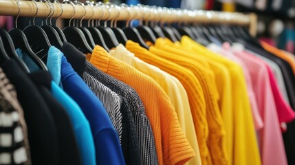 Row of Colorful Clothes Hanging on Racks in a Store