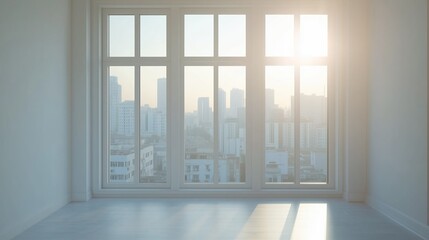 Fototapeta premium Interior view of an empty room in a skyscraper, showcasing the cityscape during the day. The skyline view from a high-rise window offers a gorgeous property with a stunning view.
