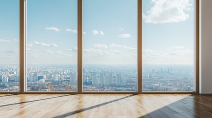 Interior view of an empty room in a skyscraper, showcasing the cityscape during the day. The skyline view from a high-rise window offers a gorgeous property with a stunning view.