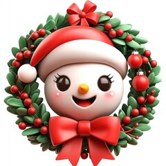 Cute Snowman in Christmas Wreath 3D Render