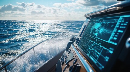 A yacht glides over shimmering waves, showcasing a high-tech display that reveals precise satellite navigation information.