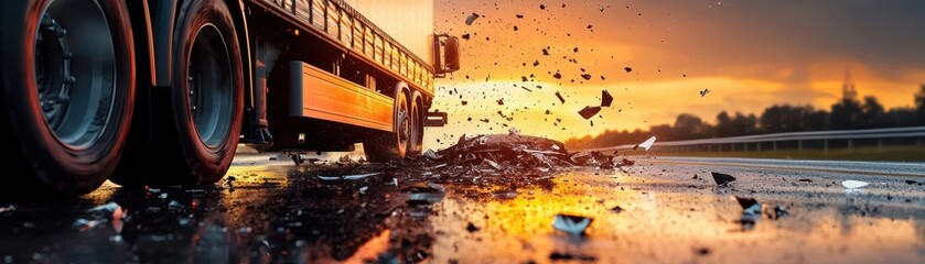 Scene of a truck collision on wet highway debris scattered dramatic sunset lighting and blurred vehicles capturing aftermath of road accident