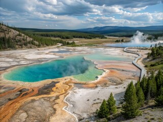 Stunning Abstract Aerial View of Geothermal Mineral Deposits and Vibrant Hot Springs in a Breathtaking Landscape, Showcasing Rich Colors and Unique Patterns of Nature&rsquo;s Wonders