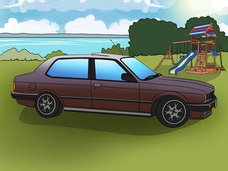 Fototapeta premium Brown car parked on a green grass field with a playground and lake in the background, set under a bright blue sky and white clouds, cartoon illustration drawing