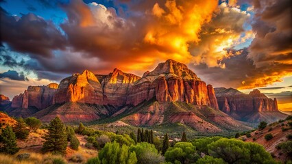 Fototapeta premium Majestic Last Light on the Kolob Formation: A Panoramic View of Stunning Red Rock Cliffs Illuminated by the Setting Sun in Zion National Park's Unique Landscape